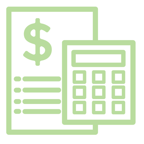 Icon showing a paper, dollar sign, checklist, and calculator.