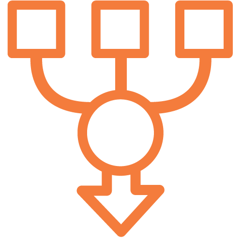 An icon showing three boxes combining into a circle.