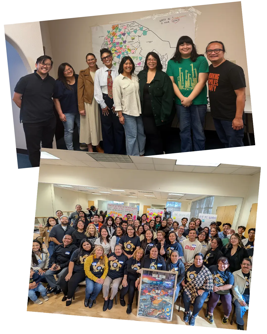 Two stacked photos, one showing the GS team standing in a row, and the other showing a room full of community organizers.