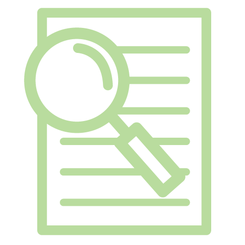 A magnifying glass above a document icon.