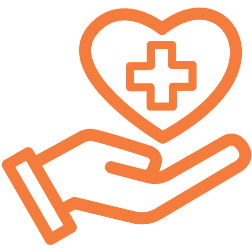 An icon of a hand holding a heart with a medical cross inside.